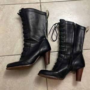 Black leather lace up Chunky Heel